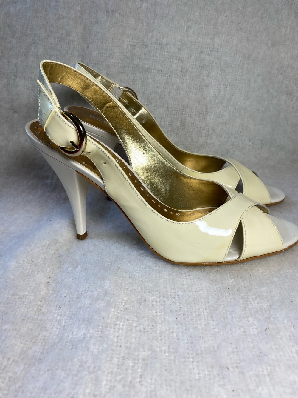 BCBGirls Classic Patent Slingback Peep-Toe Heels in Cream